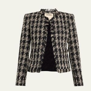 L'AGENCE Angelina Open Front Blazer Jacket Houndstooth Tweed Fringe Size 4